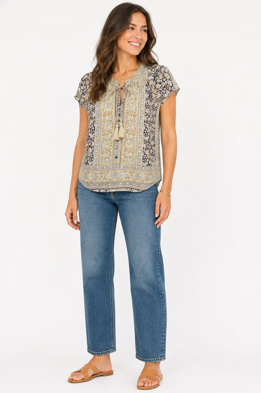 Lucky Brand 100% Silk Tassel Tie Floral Boho Blouse NWT Size Small Beige Top